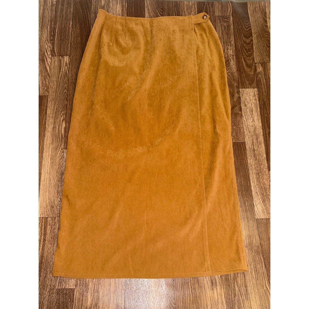 Talbots Tan Faux Suede Maxi Wrap Skirt Caramel Brown Size 16 Side Button Classic